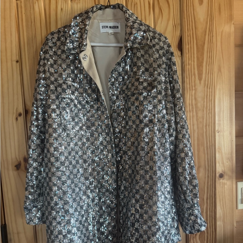 Fabulous Steve Madden Sequined Gingham Cardigan Silver/Champagne and Green